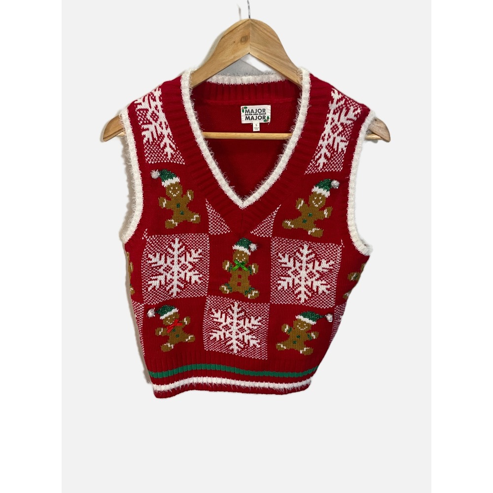 Major Major Sweater Vest Womens S Red Gingerbread Snowflake Ugly Christmas Party
